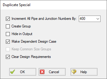 The Duplicate Special window with the option for Make Dependent Design Case selected.